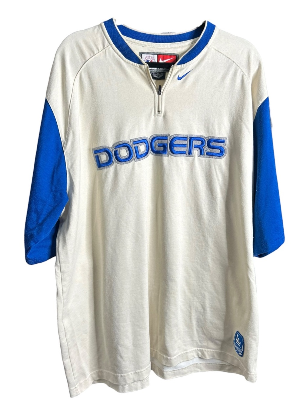 Vintage 2002 Nike MLB LA Dodgers Short Sleeve 1/4 Zip Pullover Shirt Cream Blue